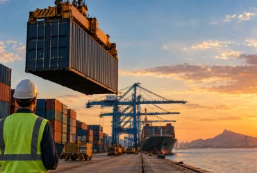 Contêineres em terminal de importação, ilustrando as regras de IBS e CBS para adquirentes e tradings na importação por conta e ordem