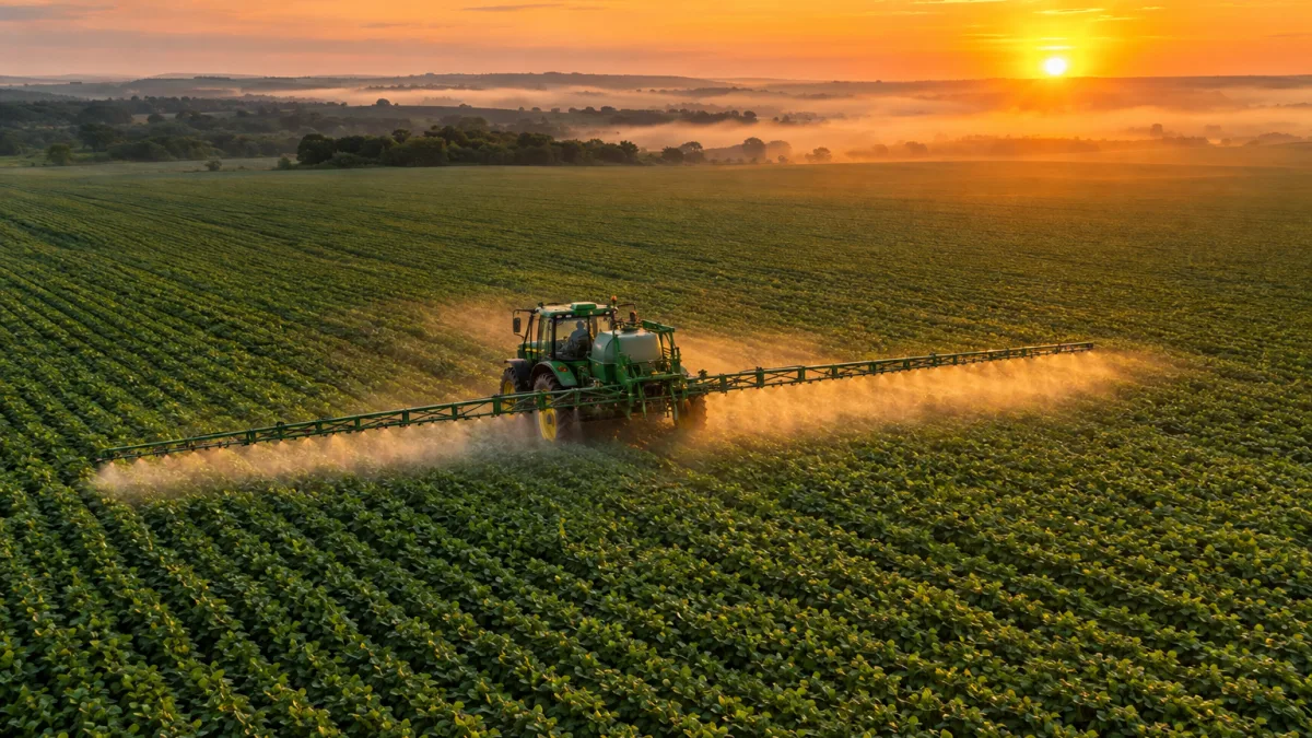 Trator pulveriza lavoura de soja ao amanhecer em fazenda brasileira