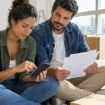 Casal faz contas da compra de casa com calculadora e planilhas em branco na mesa