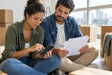 Casal faz contas da compra de casa com calculadora e planilhas em branco na mesa