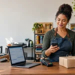 Microempreendedor usa celular para emitir nota fiscal e representa as mudanças do MEI em 2027 com NFS-e, IBS e CBS