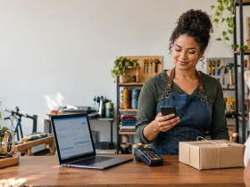 MEI 2027: o que muda com a Reforma Tributária, NFS-e, IBS e CBS Microempreendedor usa celular para emitir nota fiscal e representa as mudanças do MEI em 2027 com NFS-e, IBS e CBS