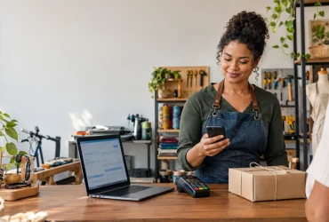 Microempreendedor usa celular para emitir nota fiscal e representa as mudanças do MEI em 2027 com NFS-e, IBS e CBS