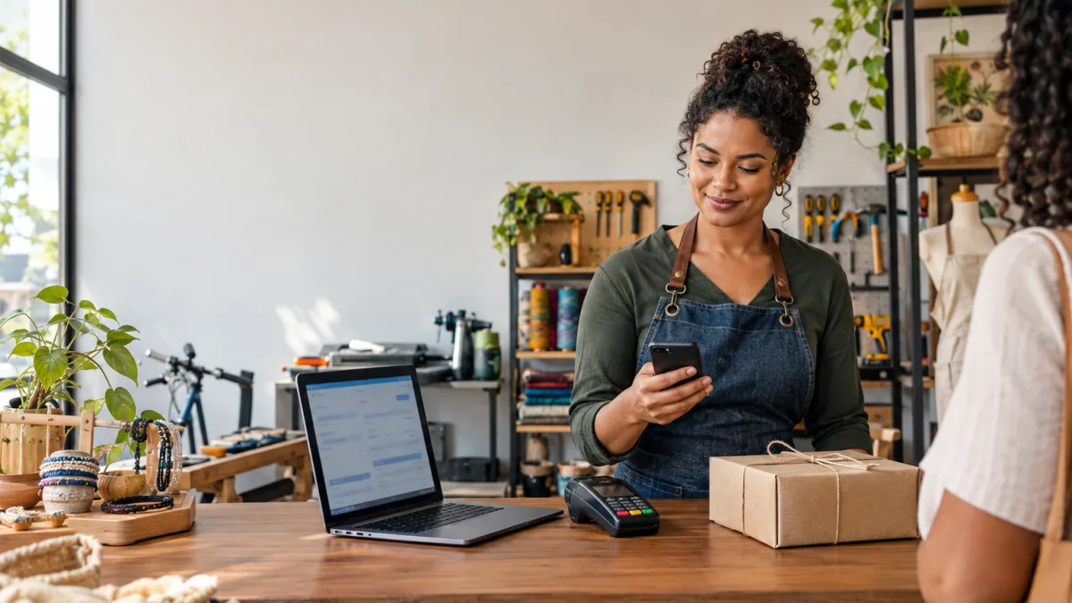 Microempreendedor usa celular para emitir nota fiscal e representa as mudanças do MEI em 2027 com NFS-e, IBS e CBS