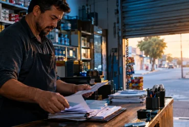 Pequeno empreendedor organiza documentos enquanto confere regras de desenquadramento do MEI e perdão de dívidas em 2027