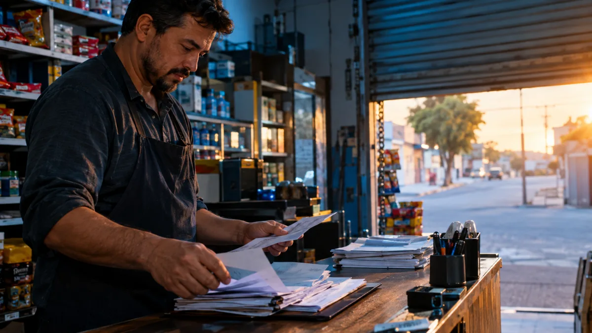 MEI desenquadrado após a nova lei perde o direito ao perdão de dívidas em 2027? Pequeno empreendedor organiza documentos enquanto confere regras de desenquadramento do MEI e perdão de dívidas em 2027