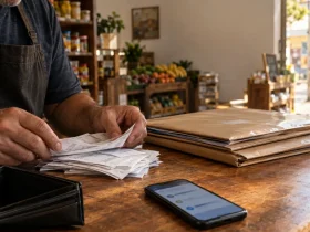 MEI que já pagou suas dívidas terá direito à devolução dos valores após o perdão: entenda a situação Comprovantes de pagamentos do DAS-MEI organizados sobre uma mesa, ilustrando dúvidas sobre restituição de valores após o perdão de dívidas