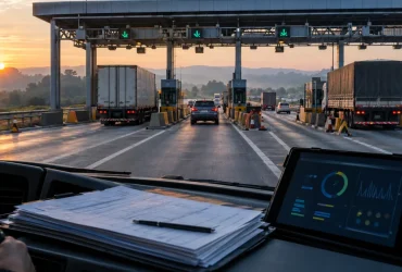 Rodovia com veículos passando sob pórtico de pedágio, representando as novas regras da NFS-e Via e o evento de manifestação do adquirente