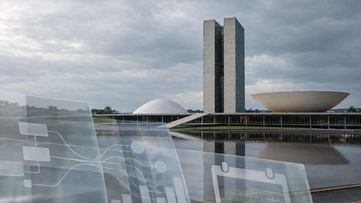 Congresso Nacional em Brasília representa as exigências constitucionais para alterar o cronograma da Reforma Tributária de IBS e CBS