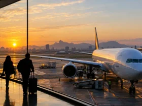 Quanto as passagens aéreas podem aumentar com a Reforma Tributária? Avião em aeroporto ilustrando projeções da IATA sobre possível aumento de 16,1% nas passagens domésticas com a Reforma Tributária