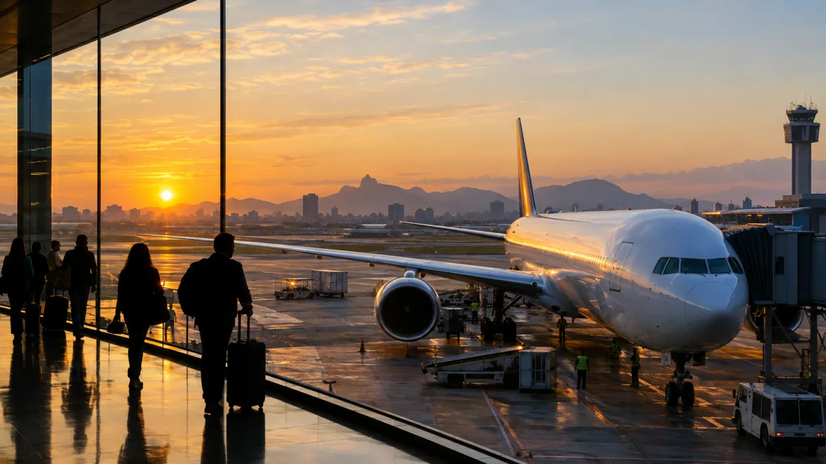 Quanto as passagens aéreas podem aumentar com a Reforma Tributária? Avião em aeroporto ilustrando projeções da IATA sobre possível aumento de 16,1% nas passagens domésticas com a Reforma Tributária
