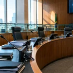 Ambiente institucional representando defesa, julgamento e recursos no Processo Administrativo Tributário do IBS previsto na LC 227/2026