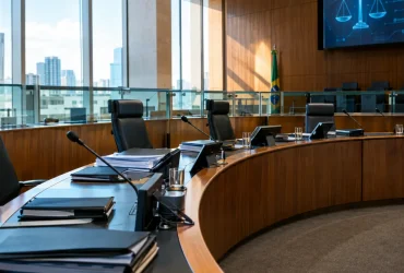 Ambiente institucional representando defesa, julgamento e recursos no Processo Administrativo Tributário do IBS previsto na LC 227/2026