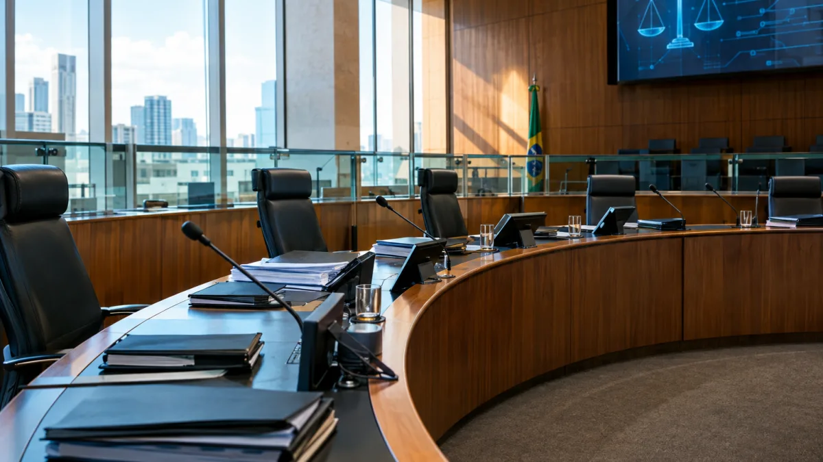 Processo Administrativo Tributário do IBS: como funciona e quais são as regras da LC 227/2026 Ambiente institucional representando defesa, julgamento e recursos no Processo Administrativo Tributário do IBS previsto na LC 227/2026