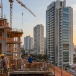 Prédio de apartamentos em construção ilustra regras de incidência de IBS e CBS sobre imóveis vendidos na planta