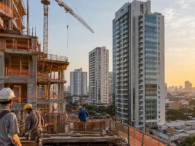 Reforma Tributária estabelece regras específicas de IBS e CBS para imóveis vendidos na planta Prédio de apartamentos em construção ilustra regras de incidência de IBS e CBS sobre imóveis vendidos na planta