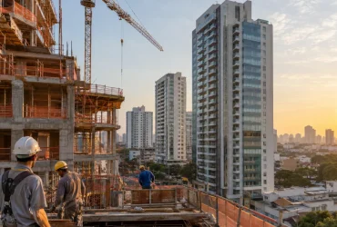 Prédio de apartamentos em construção ilustra regras de incidência de IBS e CBS sobre imóveis vendidos na planta