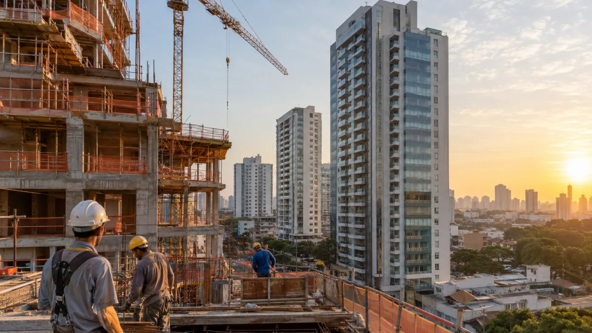 Reforma Tributária estabelece regras específicas de IBS e CBS para imóveis vendidos na planta Prédio de apartamentos em construção ilustra regras de incidência de IBS e CBS sobre imóveis vendidos na planta