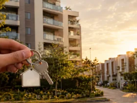 Edifícios residenciais brasileiros e chaves de imóvel ilustram mudanças nos impostos sobre compra, venda e aluguel com IBS e CBS em 2027