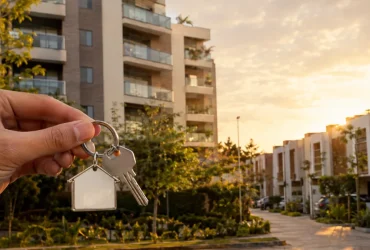 Edifícios residenciais brasileiros e chaves de imóvel ilustram mudanças nos impostos sobre compra, venda e aluguel com IBS e CBS em 2027