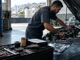 Mecânico realiza manutenção em veículo em oficina, setor afetado por novas regras de IBS, CBS e notas fiscais em 2027