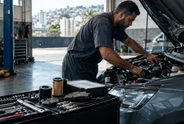 Mecânico realiza manutenção em veículo em oficina, setor afetado por novas regras de IBS, CBS e notas fiscais em 2027