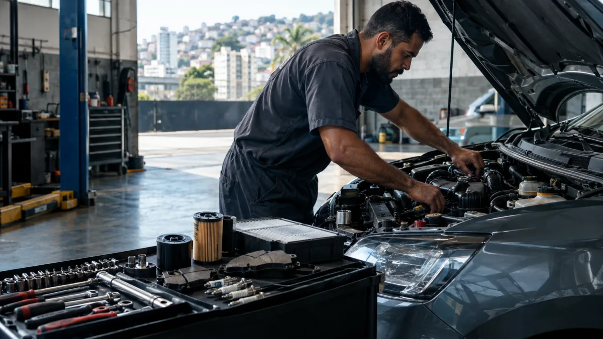 Mecânico realiza manutenção em veículo em oficina, setor afetado por novas regras de IBS, CBS e notas fiscais em 2027