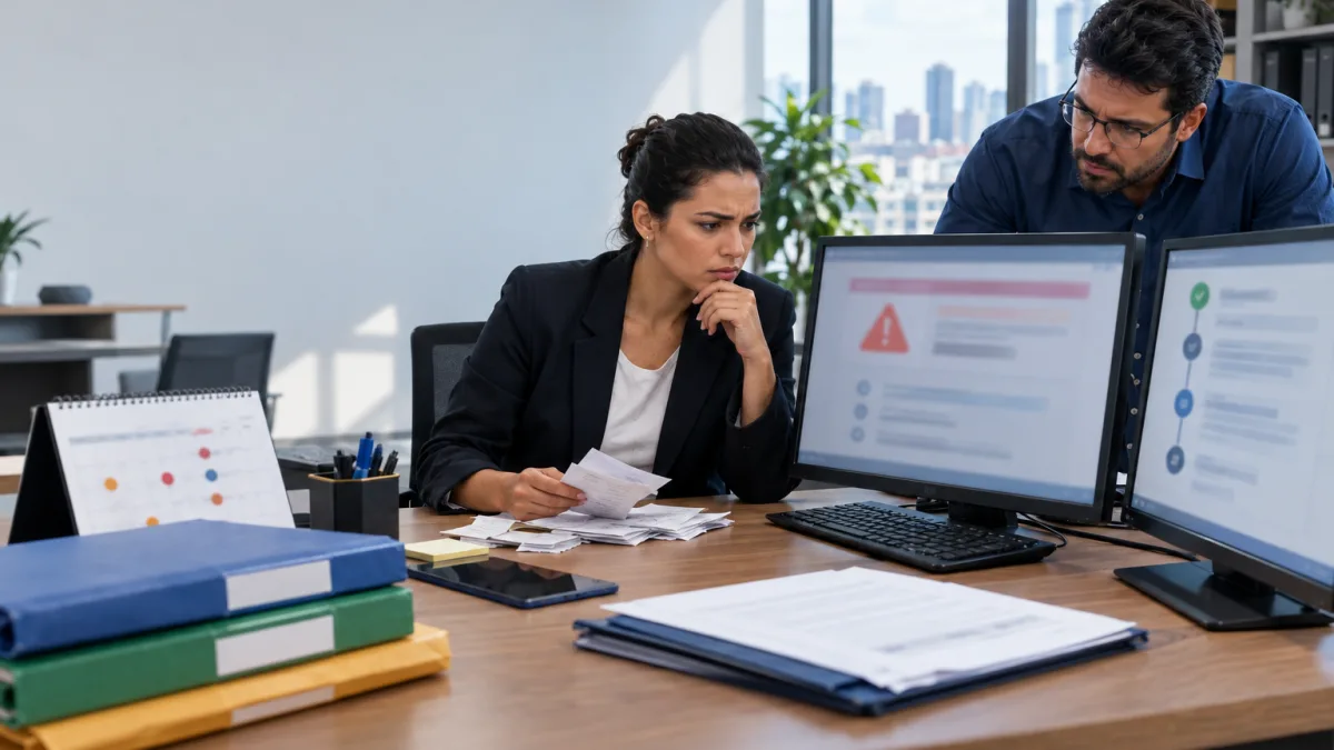 Se o pedido do Simples Nacional for indeferido depois de 15 de outubro, ainda posso regularizar as pendências? Contador e empresário verificam Termo de Indeferimento do Simples Nacional e o prazo para regularizar pendências até 30 de outubro