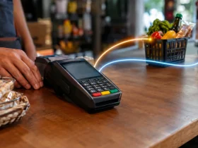 Split payment na reforma tributária: o que é, como funciona e quando começa em 2027? Terminal de pagamento representando split payment e separação de IBS e CBS na reforma tributária de 2027