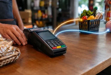 Terminal de pagamento representando split payment e separação de IBS e CBS na reforma tributária de 2027
