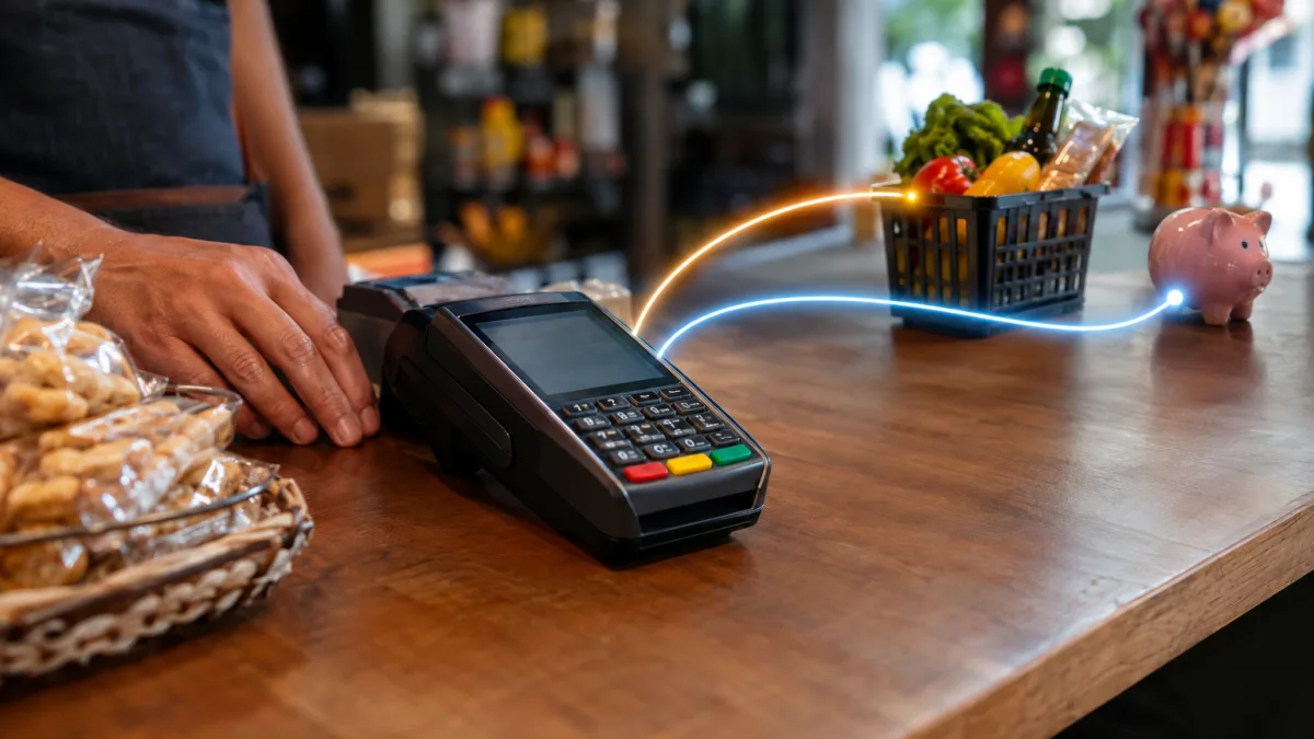 Terminal de pagamento representando split payment e separação de IBS e CBS na reforma tributária de 2027