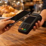 Mãos de cliente pagam com celular em terminal de pagamento genérico em loja