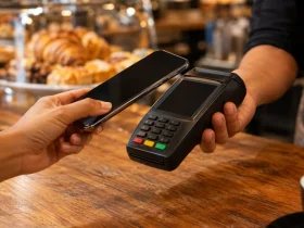 Mãos de cliente pagam com celular em terminal de pagamento genérico em loja