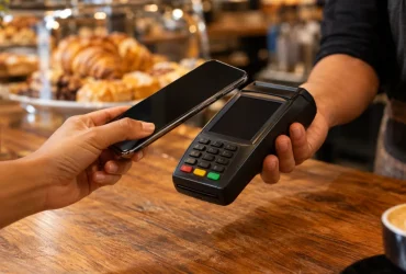 Mãos de cliente pagam com celular em terminal de pagamento genérico em loja
