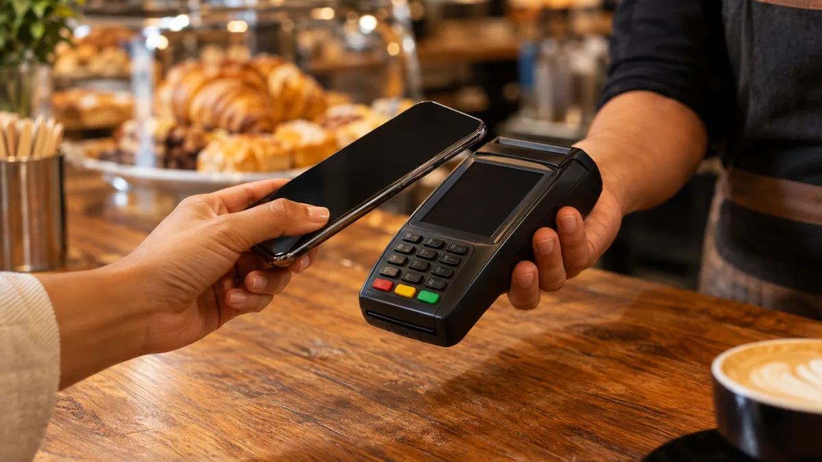 Split payment inteligente: como funciona o procedimento padrão passo a passo Mãos de cliente pagam com celular em terminal de pagamento genérico em loja