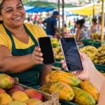 Comerciante recebe pagamento por Pix pelo celular em feira livre brasileira