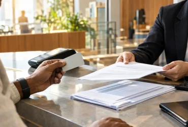Atendimento bancário e documentos financeiros ilustram a tributação das tarifas de manutenção de contas pelo IBS e CBS