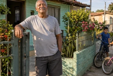 Morador em frente à casa simples que ocupa há anos e pretende regularizar por usucapião