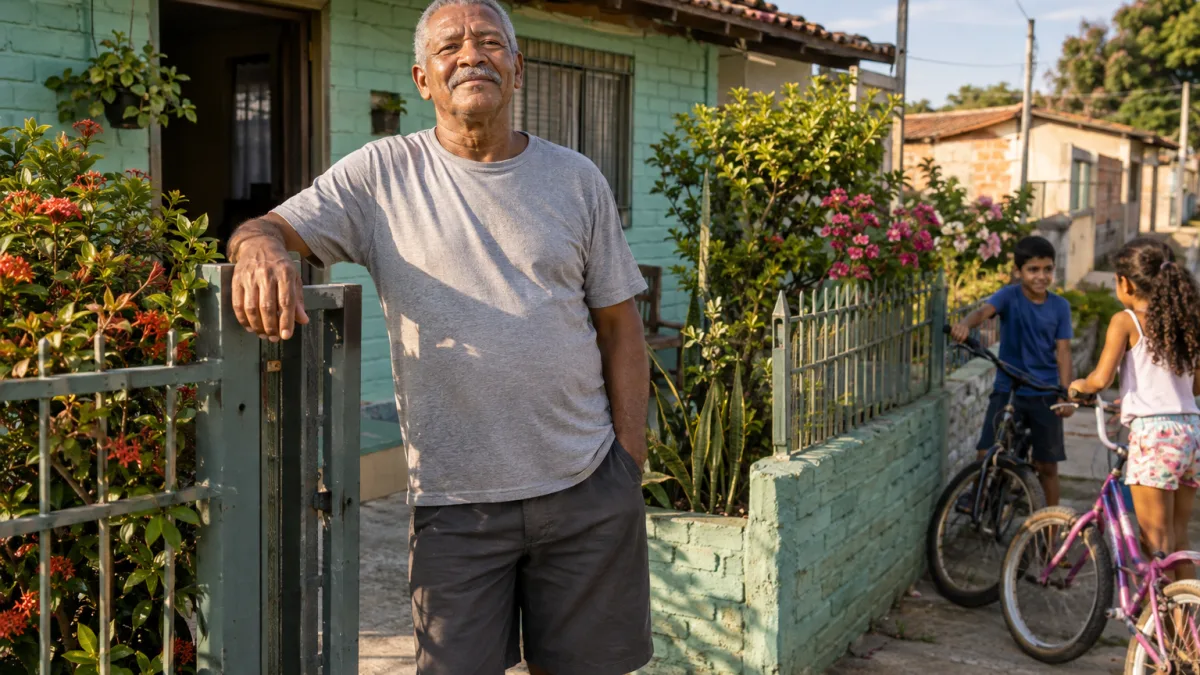 Morador em frente à casa simples que ocupa há anos e pretende regularizar por usucapião